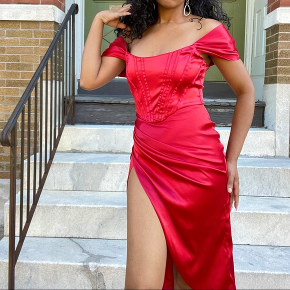 Red Satin Off the Shoulder Dress with Thigh Split - Picture 3 of 14